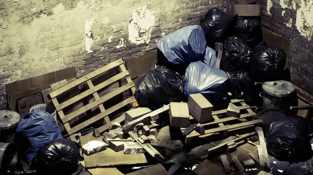 In a dimly lit alley, scattered trash bags blend with discarded pallets and cardboard boxes. The scene captures the essence of urban neglect and the remnants of forgotten lives.