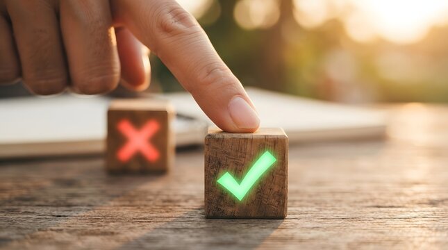 Hand pressing a wooden block with a glowing green check mark symbol, choosing the right option over a red cross, decision making concept