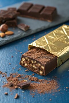 Delicious dark chocolate with nuts presented with golden foil wrapping