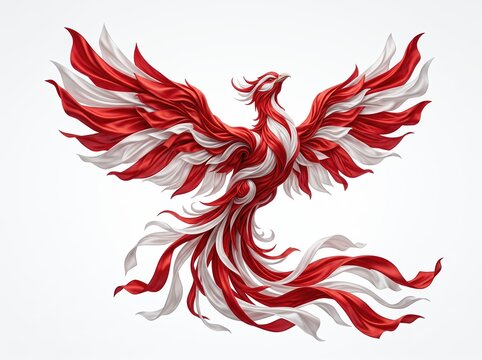 Majestic Phoenix Bird with Red and White Ribbon Feathers.