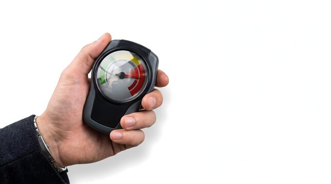 Hand holding compact risk meter with needle in high risk red zone on clean white background