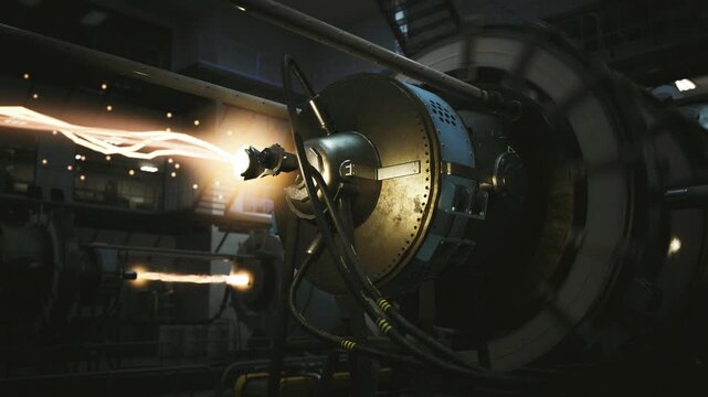 Closeup plasma engine test bench illuminated with nozzle sparks and glowing beam, heavy cabling and containment ring visible, dark industrial interior