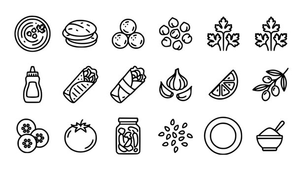 Dark Green Middle Eastern Cuisine Line Icon Set with Hummus Falafel Pita Tahini and Wrap Vector Collection