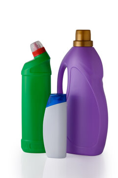 Household Chemical Products in Plastic Containers Isolated on White Background