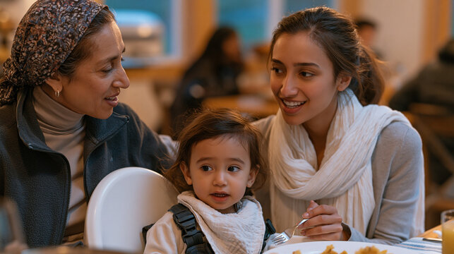 Grandmother offering unsolicited feeding advice to a young mother at a family Sunday dinner, the mother gripping her fork tightly while maintaining a polite smile, the toddler in