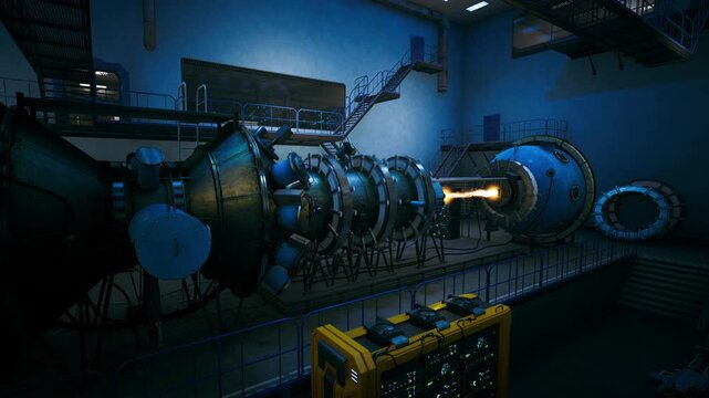Industrial gas turbine test rig bluelit, rotating compressor stages, visible combustion flame from nozzle, catwalk, control console, engineering atmosphere,