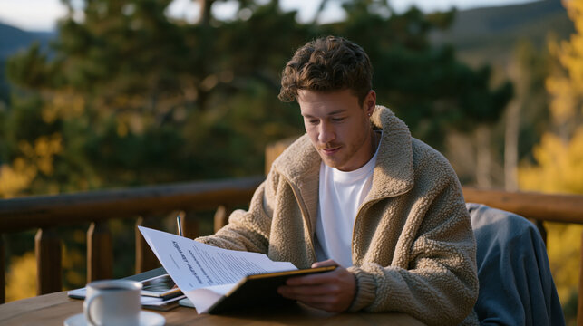 Freelance developer reviewing a work from anywhere policy document on a tablet while seated at an outdoor wooden table at a mountain lodge, pine trees visible beyond the railing,