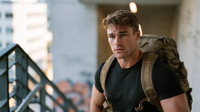 Backpacker completing steep incline interval in urban stairwell with loaded pack, rucking urban fitness trend, industrial concrete architecture with graffiti and steel railings,