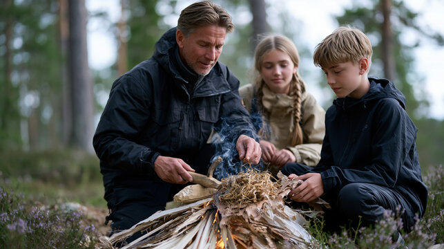Grizzled bushcraft instructor kneeling in a boreal forest clearing, demonstrating friction fire technique to two attentive teenagers, a carved hearthboard and spindle set between