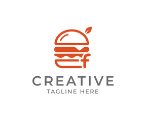 Fototapeta premium Letter F burger leaf logo, fresh food branding, modern restaurant identity, healthy burger concept, natural food emblem.