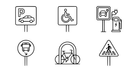 Fototapeta premium City Traffic and Parking Road Sign Icon Set with Electric Vehicle Charging Station, Disability Accessible Mark, Bus Lane, Bike Rack, and Crosswalk Line Art Vecto