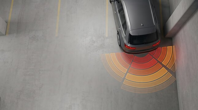 Modern vehicle approaching a garage wall with rear proximity warning zones during parking maneuver