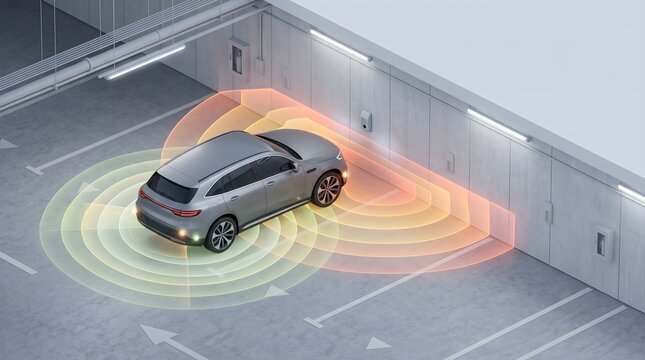 Overhead view of vehicle proximity detection coverage while parking beside a garage wall