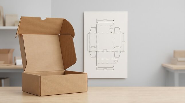 Open corrugated shipping box beside packaging dieline drawing in a clean product design workspace