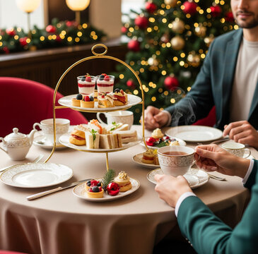 Premium Christmas Afternoon Tea for Two with Copy Space &ndash; Elegant Holiday Dining, Festive Desserts and Luxury Hospitality Concept