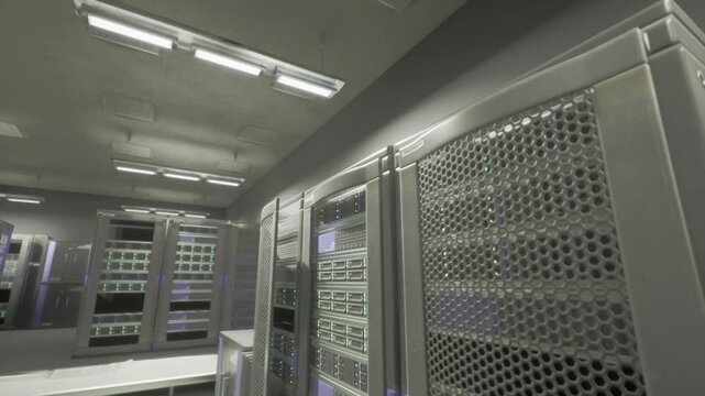 Backup servers stacked in luminous racks, disaster recovery vault scene, replication appliances and storage arrays, emphasis on redundancy, restore testing