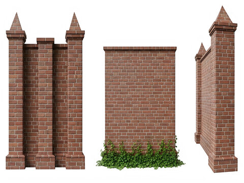 Three medieval brick towers with crenellations in a row