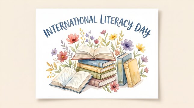 International literacy day watercolor illustration. Watercolor card with color books and flowers on white background