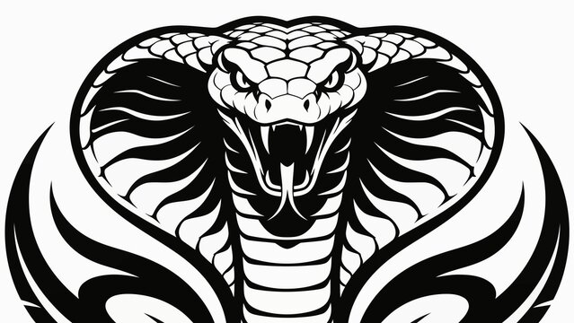 A black-and-white digital drawing of a fierce cobra with detailed scales, open mouth, and tribal-like flames surrounding its neck.