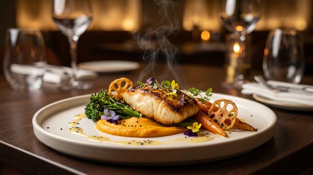 Pan seared white fish fillet with puree roasted carrots broccolini and lotus chips at restaurant