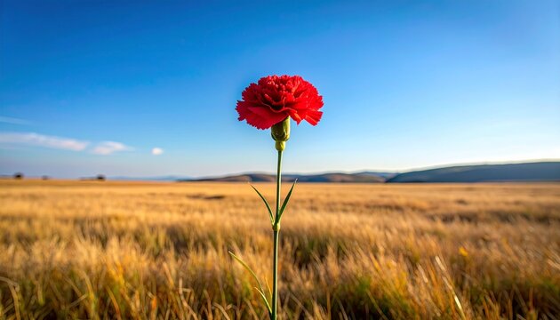 Single red carnation standing in open field under clear blue sky, freedom and hope symbolism, minimalist composition, no humans