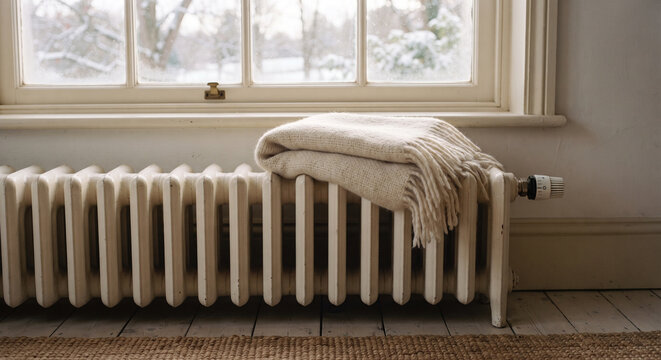 White radiator beneath snowy windows with a thick blanket folded across the top, pale wall, floor rug, and quiet winter heating detail
