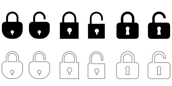 lock padlock icon collection with hole and key silhouettes in black and white