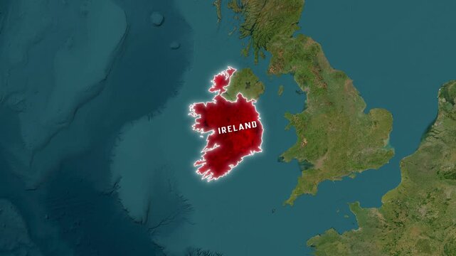 3D Map Animation Highlighting Ireland with Red Fill, Country Label, and Waving National Flag