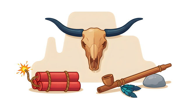 Wild west illustration set with bull skull and dynamite bundle . Native american peace pipe, stone, lit fuse, desert canyon background vector .
