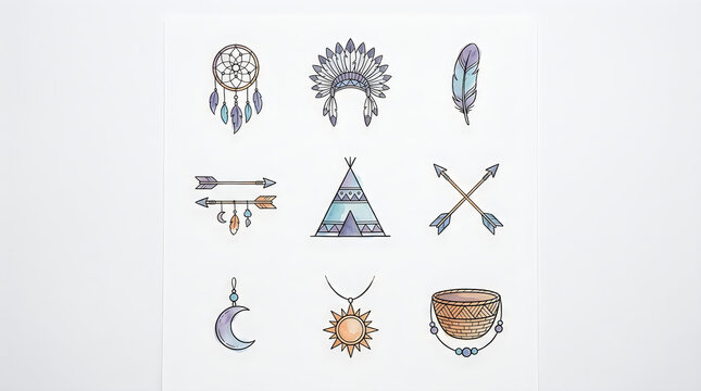 Watercolor native american tribal icons set with dreamcatcher and teepee . Feathers, arrows, headdress, moon amulet, woven basket vector illustrations .
