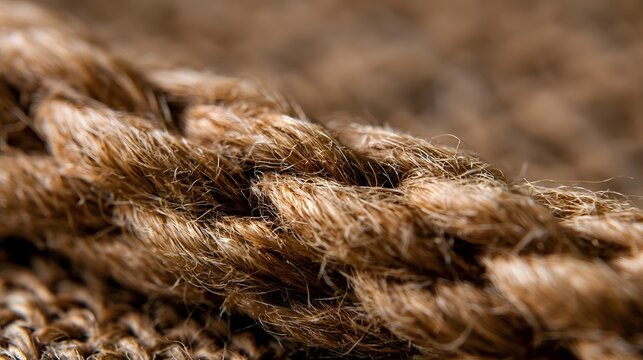 Extreme close up of thick jute rope fibers showing textured natural weave under warm ambient lighting