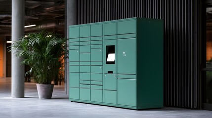 Fototapeta premium Modern green parcel locker unit stands in a spacious indoor area beside a large potted plant and dark vertical wall paneling