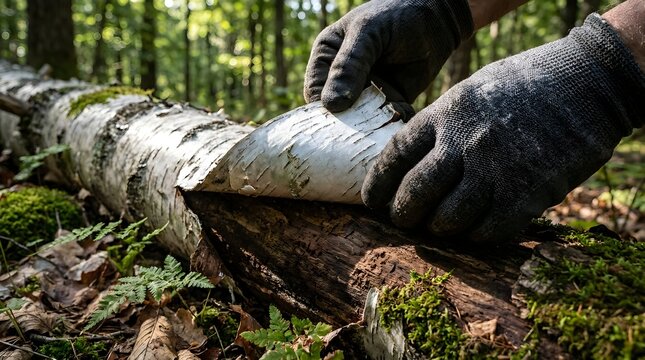 Close-up of gloved hands peeling white birch bark from a fallen log in a lush green forest setting