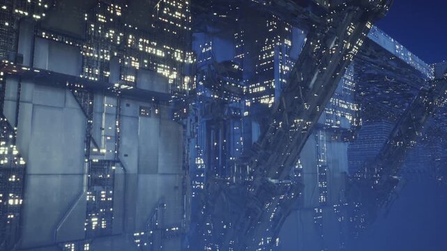 Underbelly view of illuminated station with dense piping, glowing vents and layered walkways, conveying active utility spine and mechanical complexity