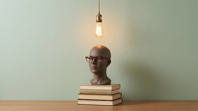 A sculpture of a human head wearing glasses sits on a stack of old books beneath a glowing hanging light bulb in a studio setting.