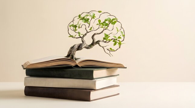 A conceptual photograph of a small tree shaped like a human brain growing from an open book atop a stack of books.