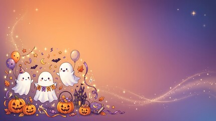 Fototapeta premium Ghosts pumpkins and autumn leaves form a colorful vector illustration with a gradient background Halloween fall
