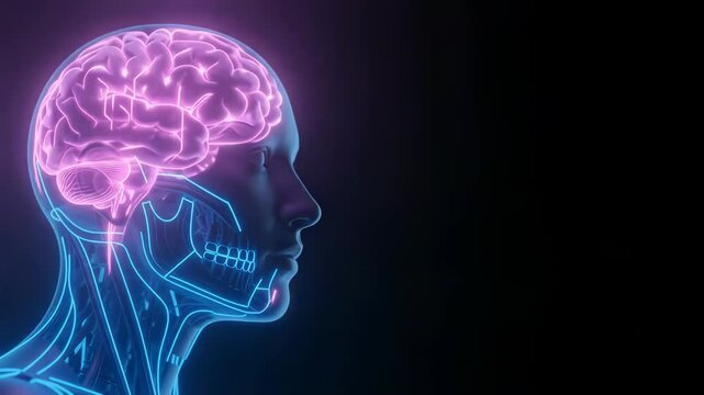 Digital animation of a human head with glowing neural pathways and brain illumination.