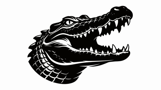 Black and white digital drawing of a fierce crocodile head in profile, showing sharp teeth and detailed scales on its skin. The style is bold and graphic, with a menacing expression.