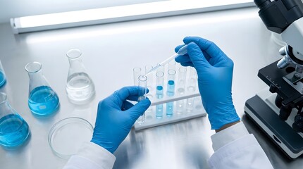 Fototapeta premium Scientist in Blue Gloves Using Pipette to Transfer Liquid into Test Tubes in Medical Laboratory