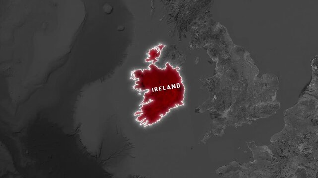 3D Dark Satellite Map Animation Highlighting Ireland with Glowing Red Fill and Text Label