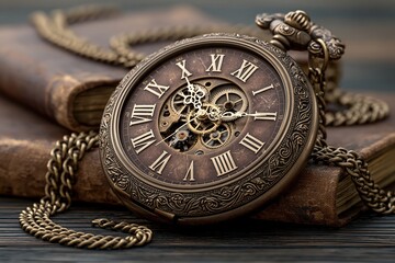 Fototapeta premium Antique pocket watch with gears and vintage books for history theme