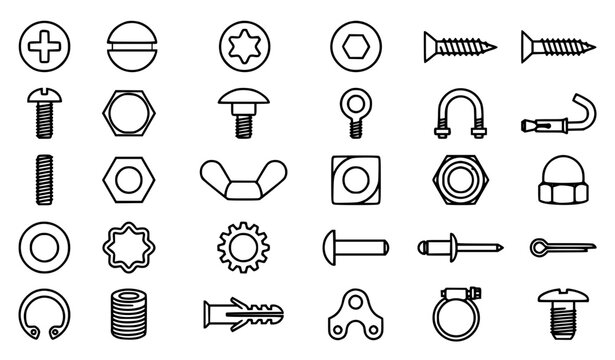 Hardware Fastener Outline Icons Collection with Screws Bolts Nuts and Washers Editable Stroke