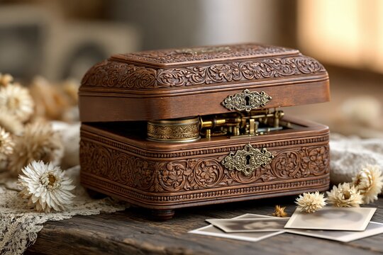 Vintage wooden music box with carved details and dried flowers closeup