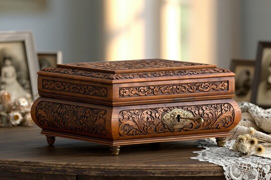 Ornate wooden jewelry box with carved floral patterns and antique key