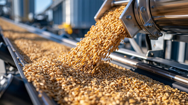Rye grain traveling through an automated conveyor network inside a state of the art agricultural elevator with towering storage silos, ultra photorealism, cinematic color correction, natural uneven 