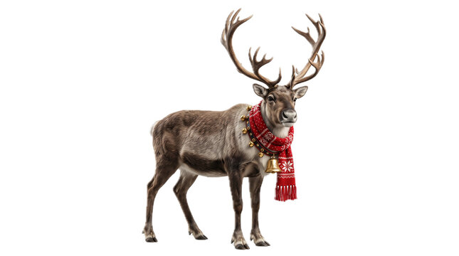 Ultra realistic majestic reindeer with beautiful antlers wearing a festive red scarf and golden bell collar, centered composition, isolated on pure white background, transparent PNG, premium studio li
