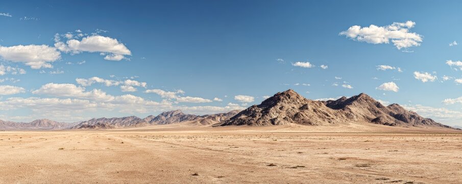 Vast desert landscape with distant mountains under a blue sky with scattered clouds.