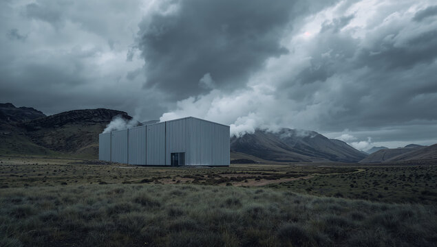 Modern industrial building in a vast, desolate landscape under stormy skies