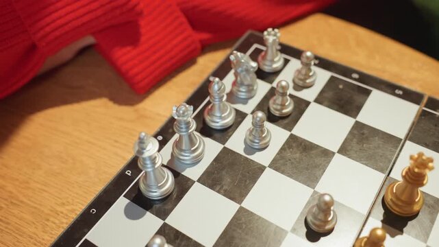 Player makes decisive capture at cafe, topdown view of silver piece moved by hand wearing red sweater, rows of silver and gold pieces on warm wood surface, focused light and quiet concentration